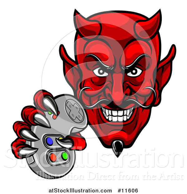 Vector Illustration of a Grinning Evil Red Devil Holding a Video Game Controller