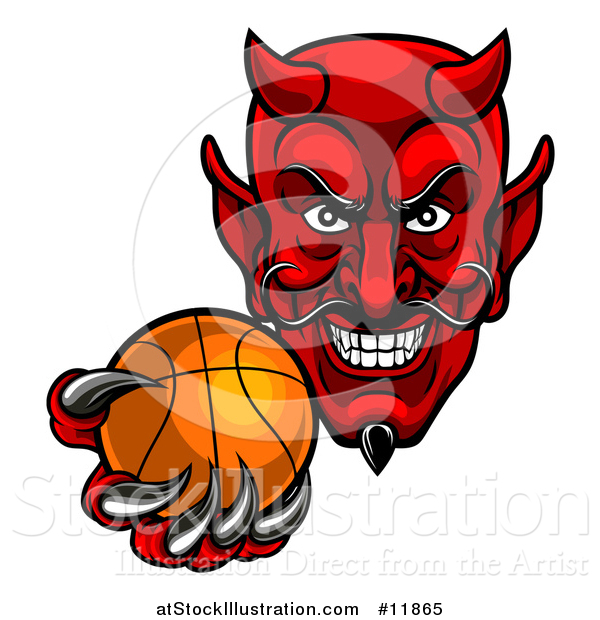 Vector Illustration of a Grinning Evil Red Devil Holding out a Basketball in a Clawed Hand