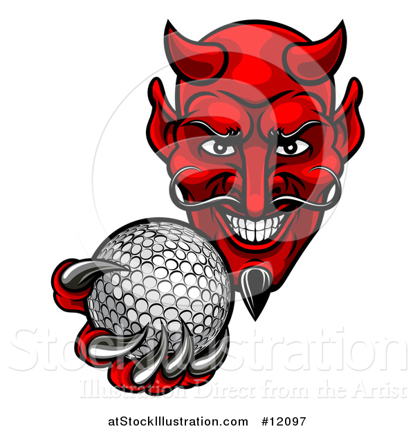 Vector Illustration of a Grinning Evil Red Devil Holding out a Golf Ball in a Clawed Hand