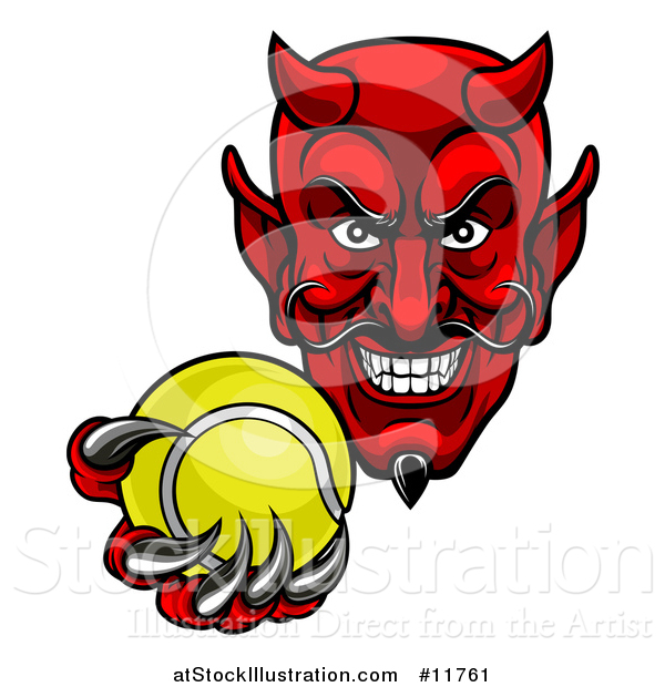 Vector Illustration of a Grinning Evil Red Devil Holding out a Tennis Ball in a Clawed Hand