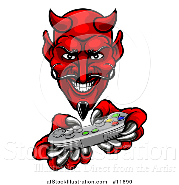 Vector Illustration of a Grinning Evil Red Devil Playing with a Video Game Controller