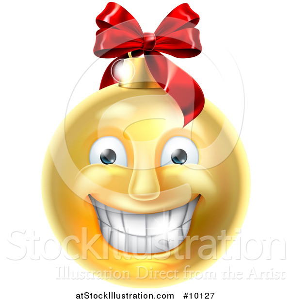 Vector Illustration of a Grinning Golden Christmas Bauble Ornament Emoji