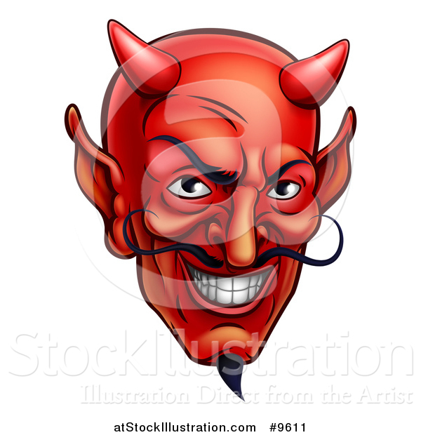 Vector Illustration of a Grinning Red Devil Face with a Goatee and Curling Mustache
