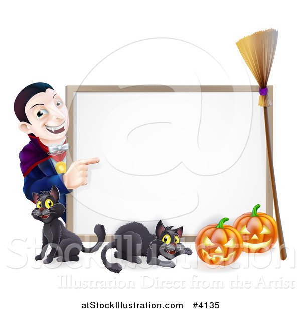 Vector Illustration of a Grinning Vampire Pointing to a Halloween Sign with a Black Cat Broomstick and Pumpkins