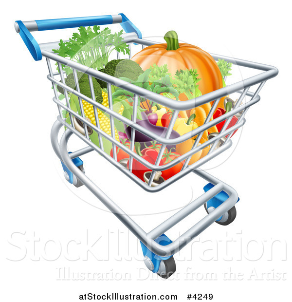 Vector Illustration of a Grocery Store Shopping Cart Full of Vegetables