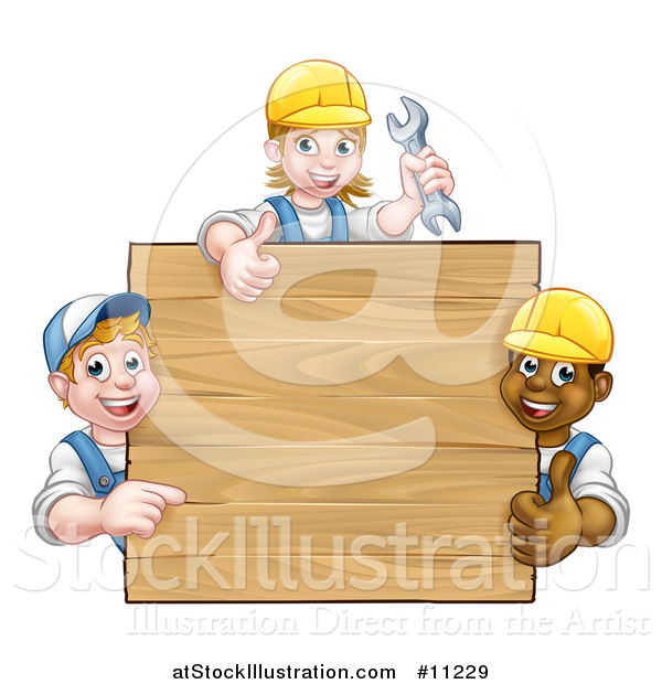 Vector Illustration of a Group of Workers Around a Blank Wooden Sign Sign