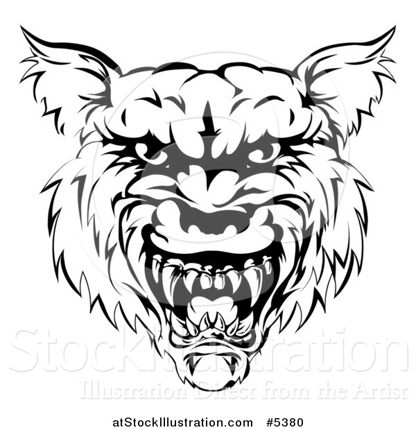 Vector Illustration of a Growling Black and White Vicious Wolf Face