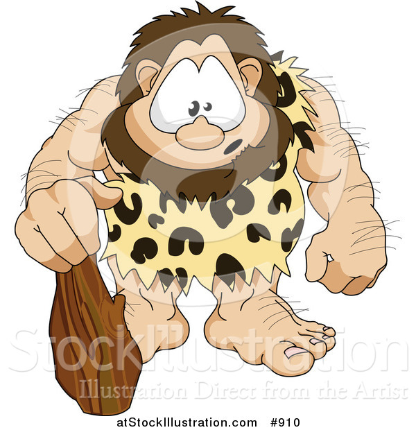 Vector Illustration of a Hairy, Muscular Prehistoric Caveman Wearing a Leopard Print Cloth and Leaning on a Club, with a Cute Facial Expression