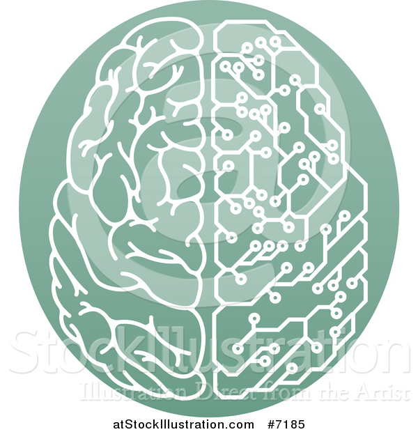 Vector Illustration of a Half Human, Half Artificial Intelligence Circuit Board Brain in a Green Oval