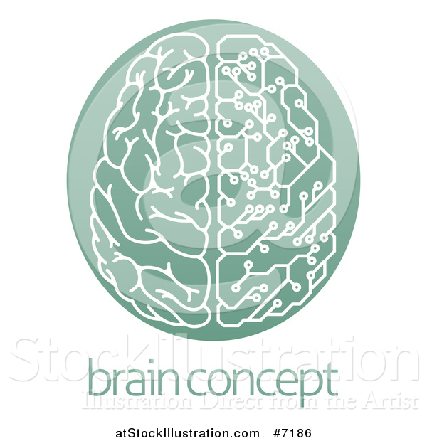 Vector Illustration of a Half Human, Half Artificial Intelligence Circuit Board Brain in a Green Oval, over Sample Text