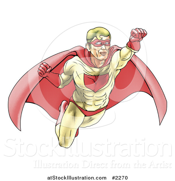 Vector Illustration of a Halftone Dotted Super Hero Flying