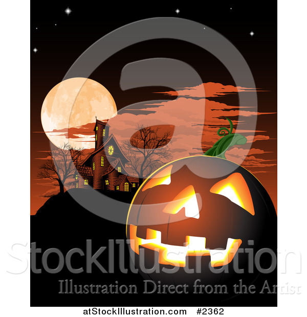 Vector Illustration of a Halloween Jackolantern and Haunted House Under a Full Moon