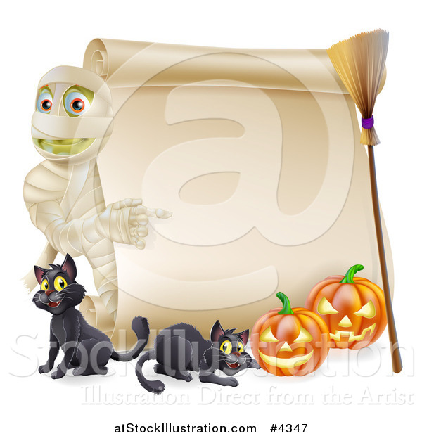 Vector Illustration of a Halloween Mummy Pointing to a Scroll Sign with Pumpkins Black Cats and a Broomstick