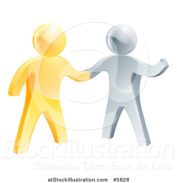 Vector Illustration of a Handshake Between 3d Gold and Silver Men, with One Guy Gesturing