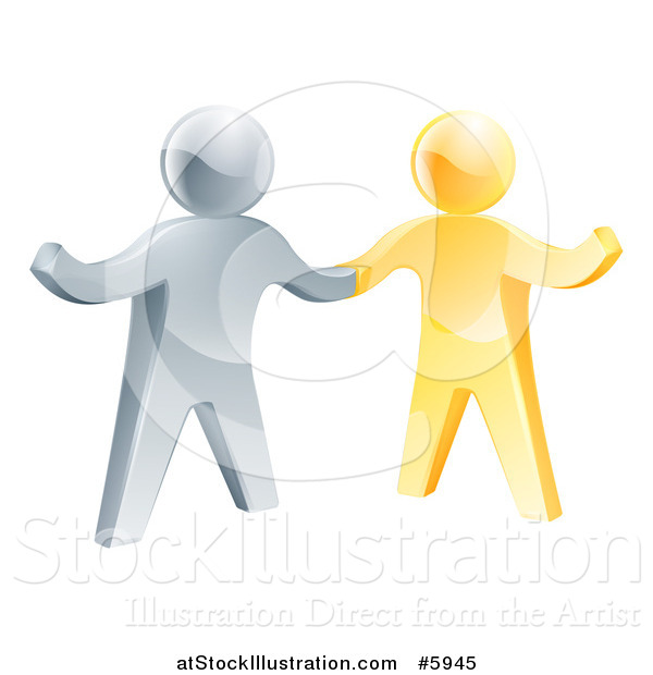 Vector Illustration of a Handshake Between 3d Gold and Silver Men, with One Guy Gesturing