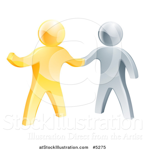 Vector Illustration of a Handshake Between 3d Gold and Silver Men, with One Guy Pointing