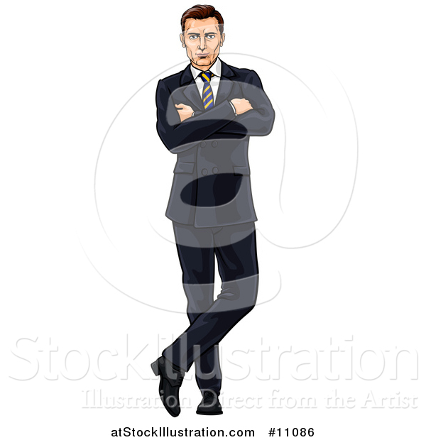 Vector Illustration of a Handsome and Confident Caucasian Businessman Standing with Folded Arms and One Ankle over the Other