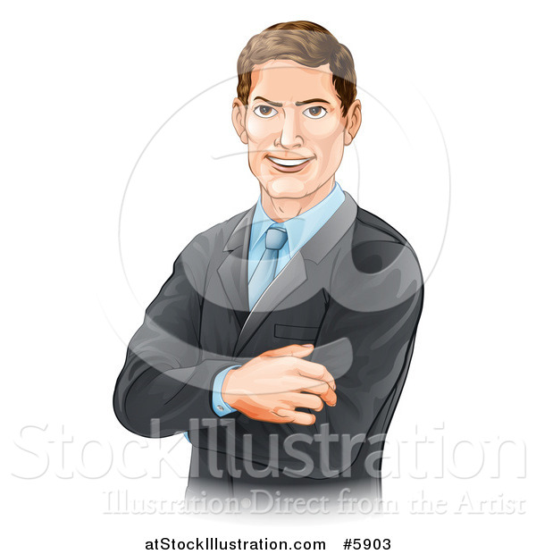 Vector Illustration of a Handsome Brunette Caucasian Businessman with Folded Arms