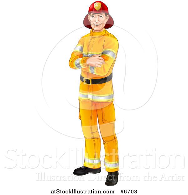 Vector Illustration of a Handsome Caucasian Male Fireman Standing with Folded Arms
