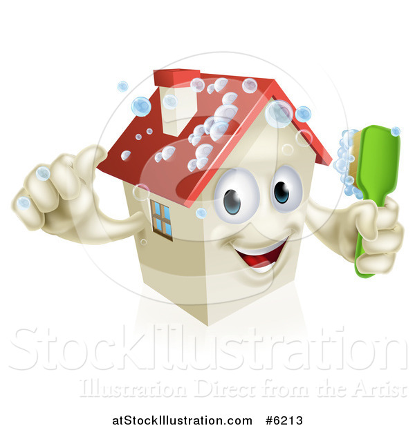 Vector Illustration of a Happy 3d House Character Giving a Thumb up and Cleaning Itself with a Brush