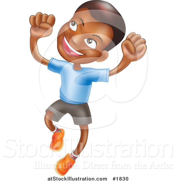 Vector Illustration of a Happy African American Boy Smiling and Jumping into the Air