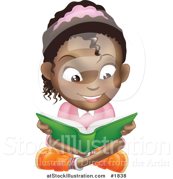 Vector Illustration of a Happy African American Girl Reading a Book and Sitting on the Floor