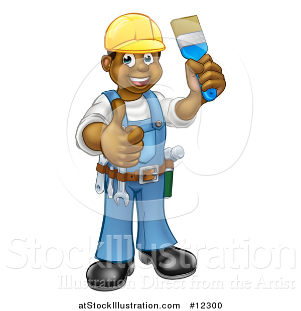 Vector Illustration of a Happy African American Male Painter Holding up a Brush and Giving a Thumb up