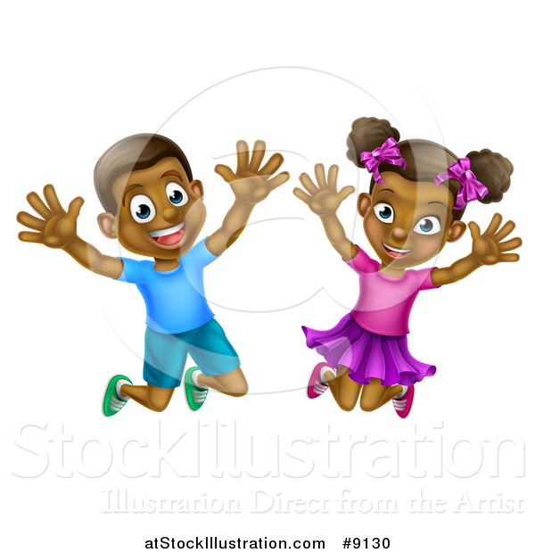 Vector Illustration of a Happy and Excited Black Boy and Girl Jumping
