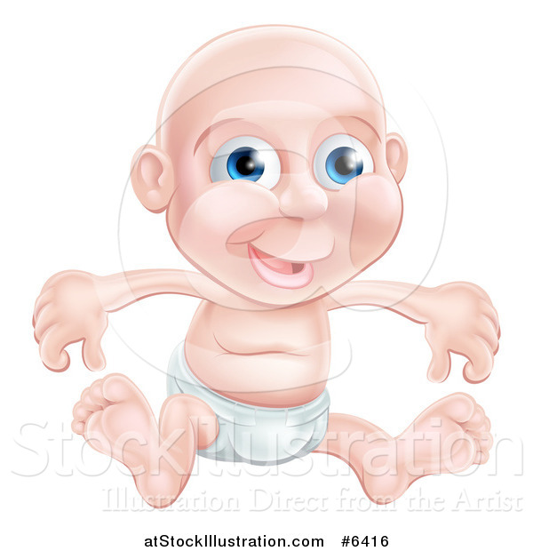 Vector Illustration of a Happy Bald Blue Eyed Caucasian Baby Boy Sitting in a Diaper