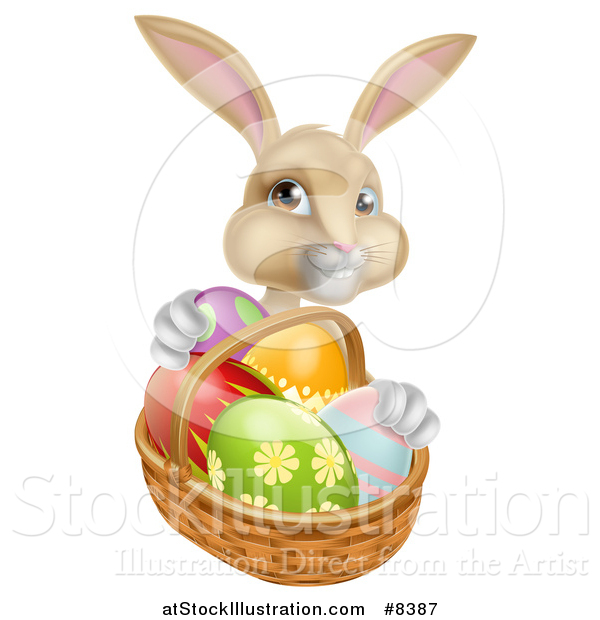 Vector Illustration of a Happy Beige Easter Bunny with a Basket of Eggs