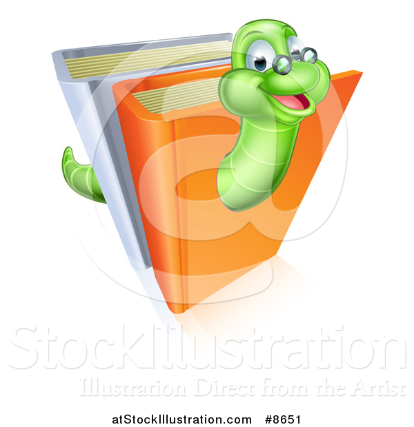 Vector Illustration of a Happy Bespectacled Green Earthworm Emerging from Books