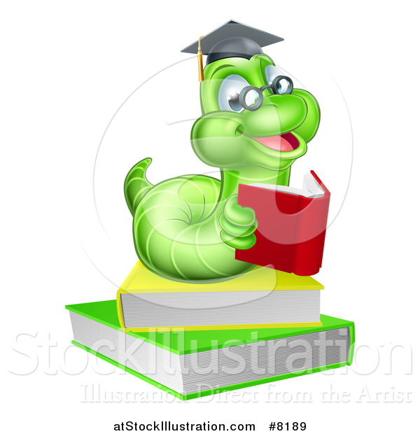Vector Illustration of a Happy Bespectacled Green Professor or Graduate Earthworm Reading on Books