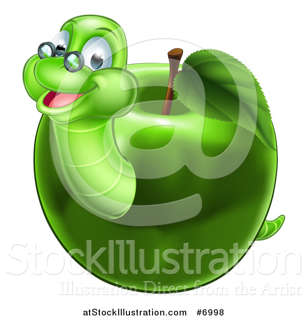 Vector Illustration of a Happy Bespectacled Worm Emerging from a Green Apple