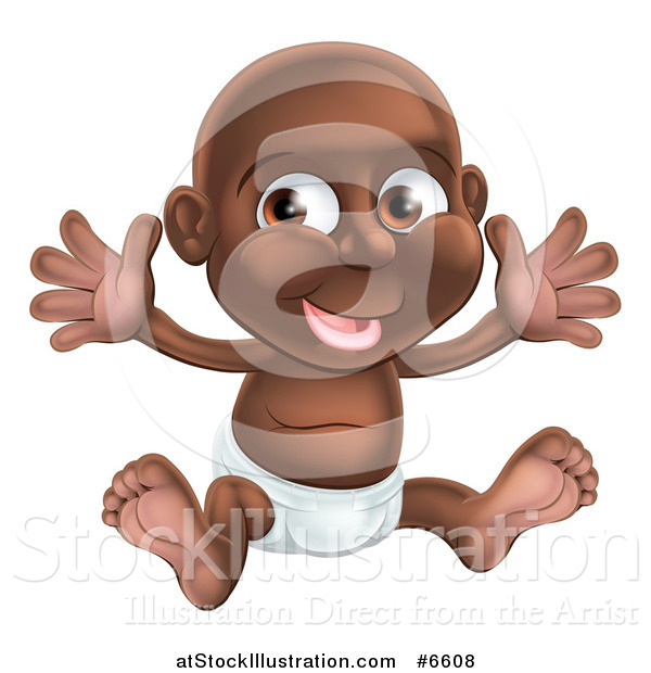 Vector Illustration of a Happy Black Baby Boy in a Diaper, Holding His Arms up