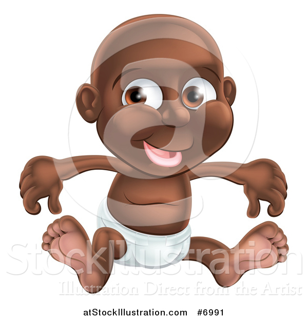 Vector Illustration of a Happy Black Baby Boy Sitting in a Diaper