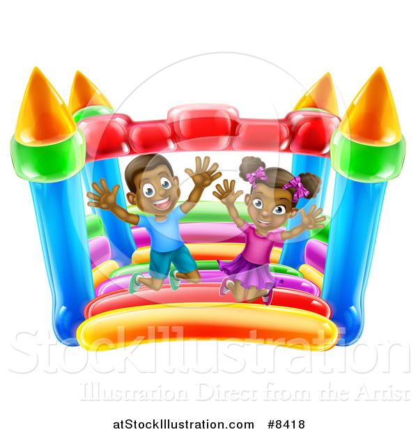 Vector Illustration of a Happy Black Boy and Girl Jumping on a Bouncy House Castle at a Party