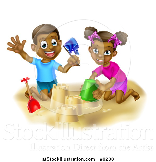 Vector Illustration of a Happy Black Boy and Girl Playing and Making Sand Castles on a Beach