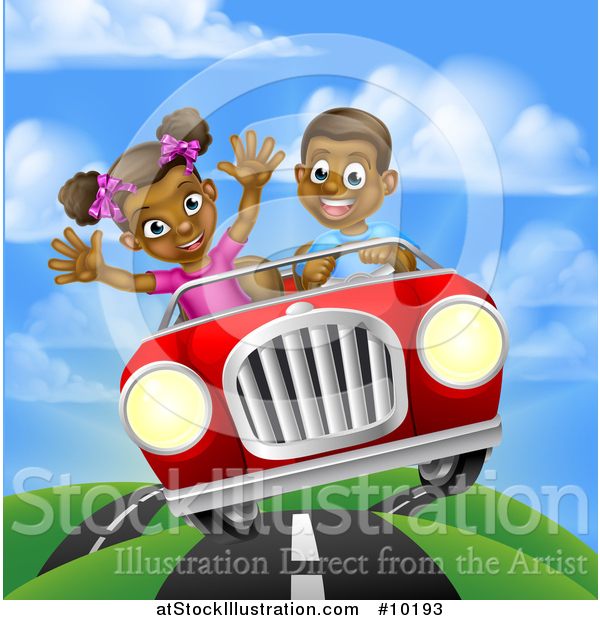 Vector Illustration of a Happy Black Boy Driving a Girl in a Red Convertible Car, on a Country Road