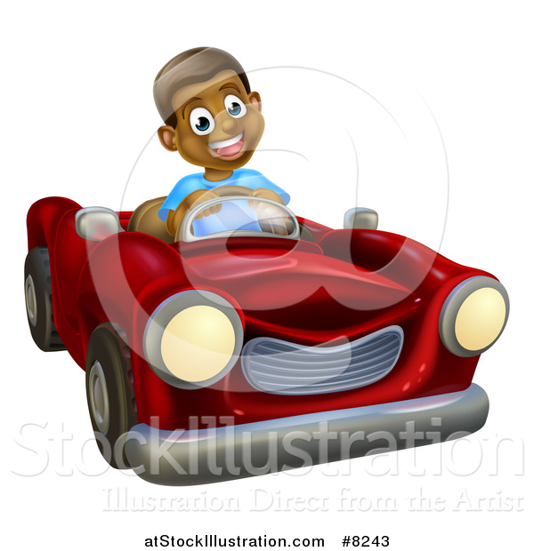 Vector Illustration of a Happy Black Boy Driving a Red Convertible Car