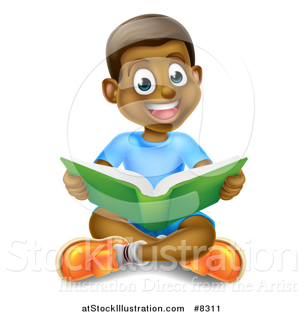 Vector Illustration of a Happy Black Boy Sitting on the Floor and Reading a Book
