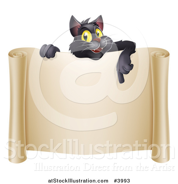 Vector Illustration of a Happy Black Cat Pointing down over a Scroll Sign