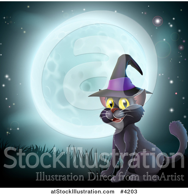 Vector Illustration of a Happy Black Cat Wearing a Witch Hat and Sitting Against a Full Moon