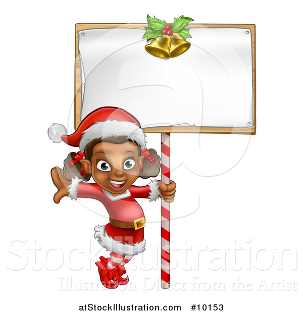Vector Illustration of a Happy Black Female Christmas Elf Jumping by a Blank Sign
