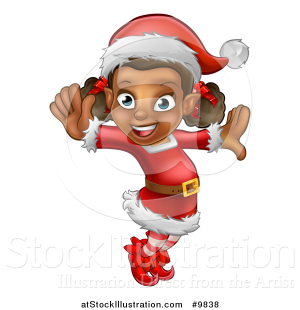 Vector Illustration of a Happy Black Female Christmas Elf Jumping or Dancing