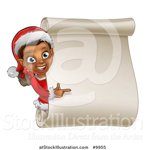 Vector Illustration of a Happy Black Female Christmas Elf Pointing Around a Blank Scroll Sign