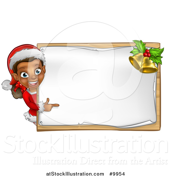 Vector Illustration of a Happy Black Female Christmas Elf Pointing Around a Blank Sign