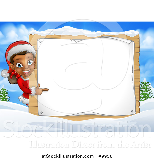 Vector Illustration of a Happy Black Female Christmas Elf Pointing Around a Blank Sign in a Winter Landscape