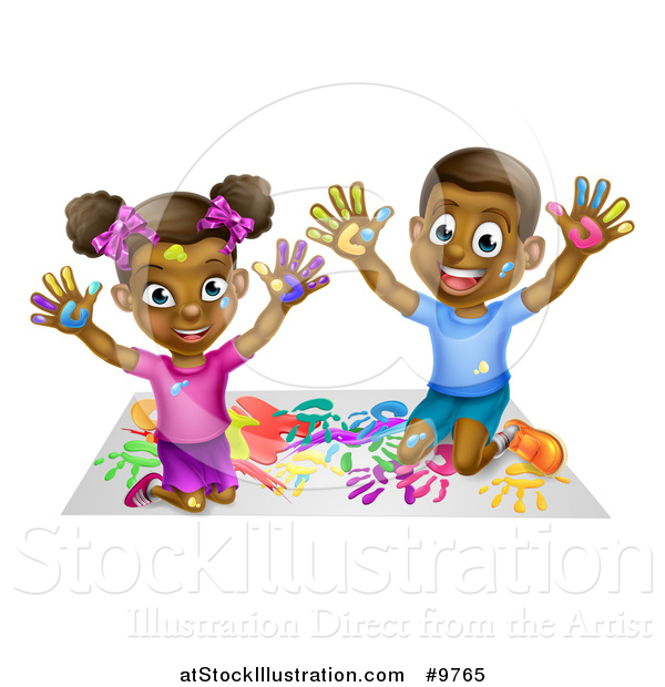 Vector Illustration of a Happy Black Girl and Boy Kneeling and Finger Painting Artwork