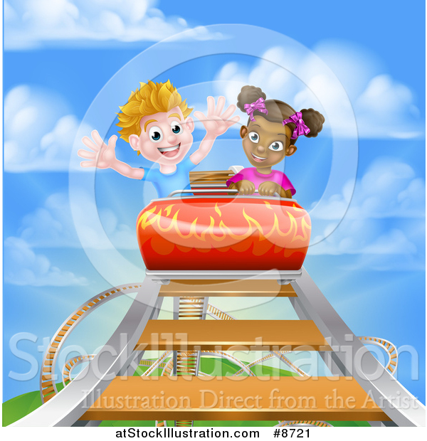 Vector Illustration of a Happy Black Girl and White Boy on a Roller Coaster Ride, Against a Blue Sky with Clouds