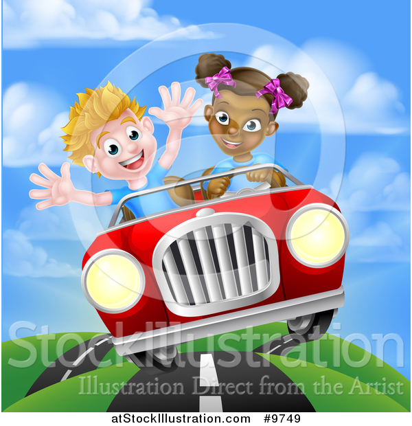 Vector Illustration of a Happy Black Girl Driving a White Boy and Catching Air in a Convertible Car